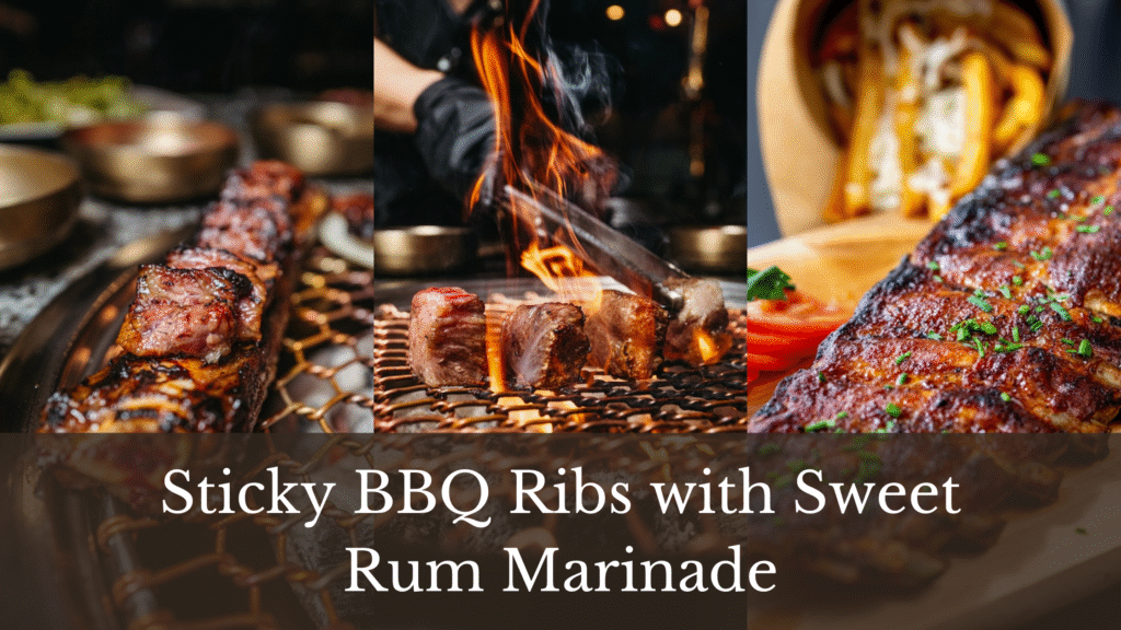 Collage of three images showing juicy grilled ribs with smoky char and sticky glaze