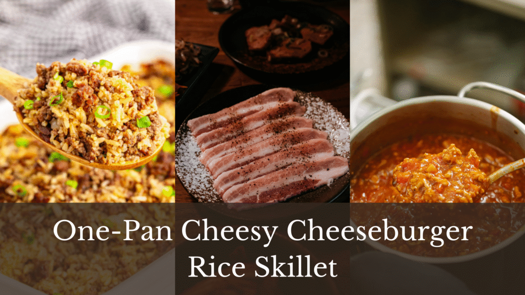 Close-up of a one-pan cheesy cheeseburger rice skillet with ground beef, rice, and garnished with green onions, alongside raw bacon slices and a pot of cheesy sauce.