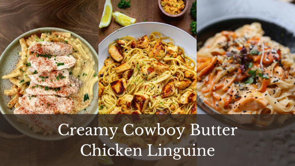 Collage of three plates of creamy chicken linguine pasta, garnished with parsley and parmesan, showcasing different serving styles.