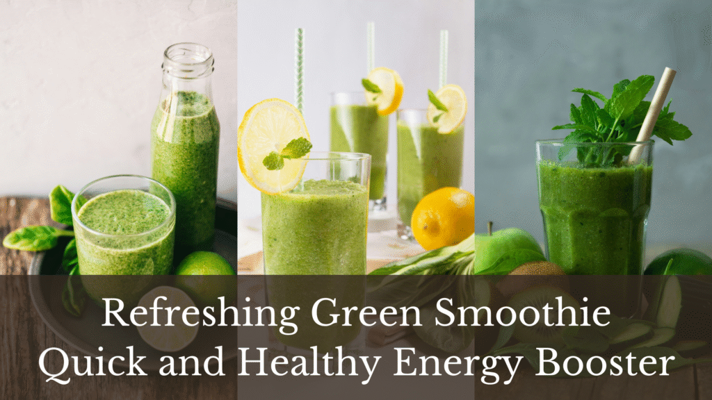 Collage of three glasses of refreshing green smoothie made with spinach, banana, and citrus, served chilled in different styles