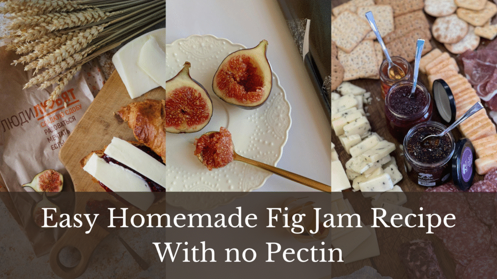 Collage of three homemade fig jam photos showing jars, spoonfuls, and toast with fig jam