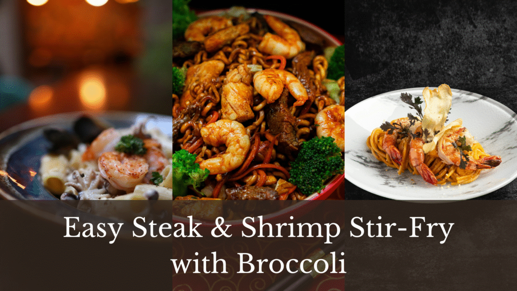 plates of steak and shrimp stir-fry with broccoli and noodles, featuring vibrant and delicious presentations.
