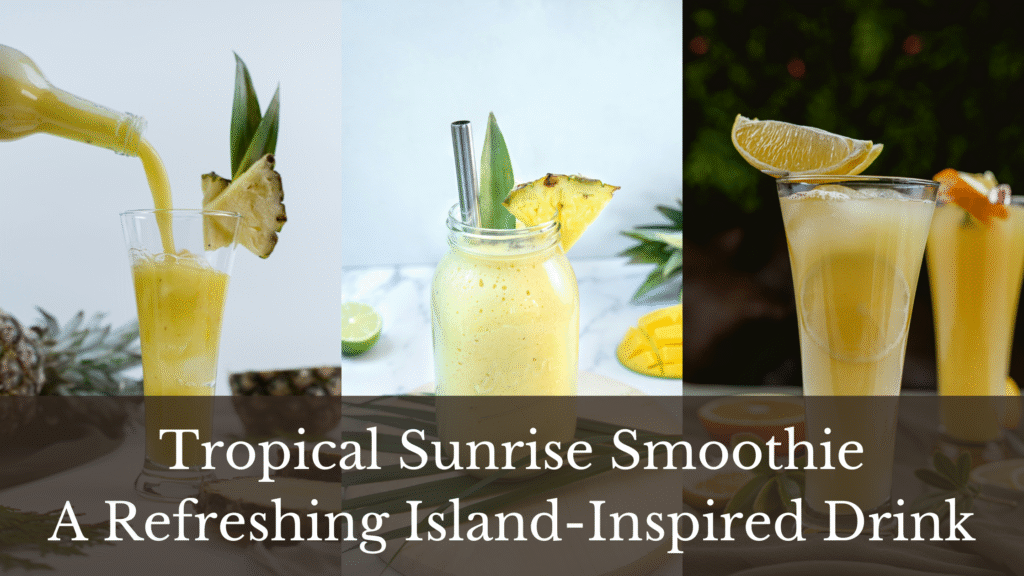 Collage of three tropical pineapple smoothies in glasses, garnished with fresh pineapple slices and vibrant tropical fruits