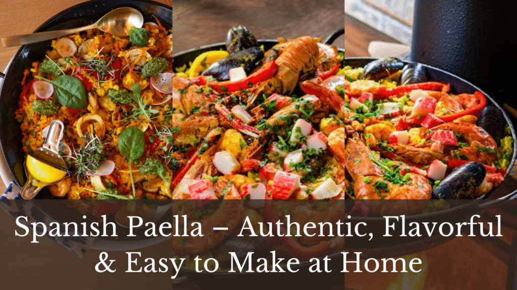 A collage of three images of golden spanish paella, showcasing the mouthwatering plates well seasoned and ready to serve