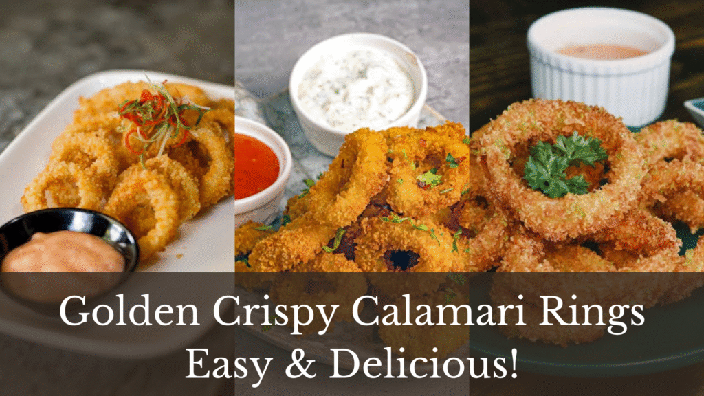 A collage of three images showcasing plates of golden and crispy calamari rings beautifully presented.