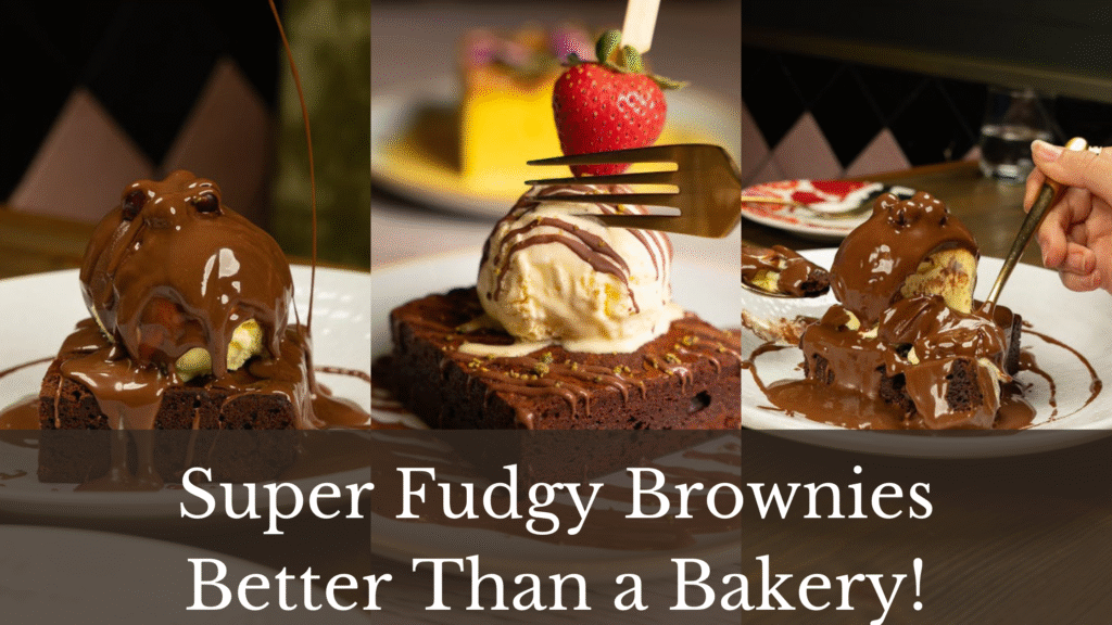 A collage of three images presenting mout-watering chocolate brownies.