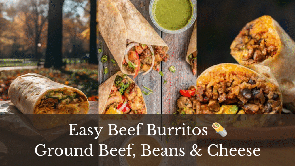 A collage of three images showcasing plates of savory beef burritos