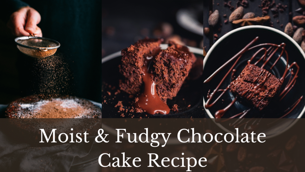 A collage of three images showcasing pieces of moist & fudgy chocolate cake.
