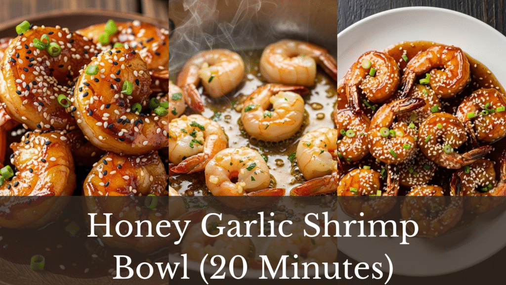 A collage of three images showcasing plates of golden and juicy garlic shrimp beautifully presented.