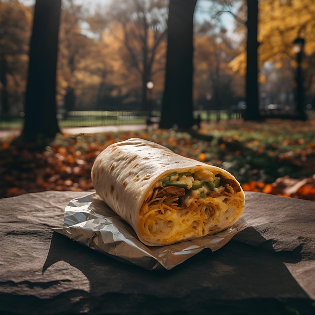 A close-up look on a beef burritos over a table shaped stone in the middle of a forest